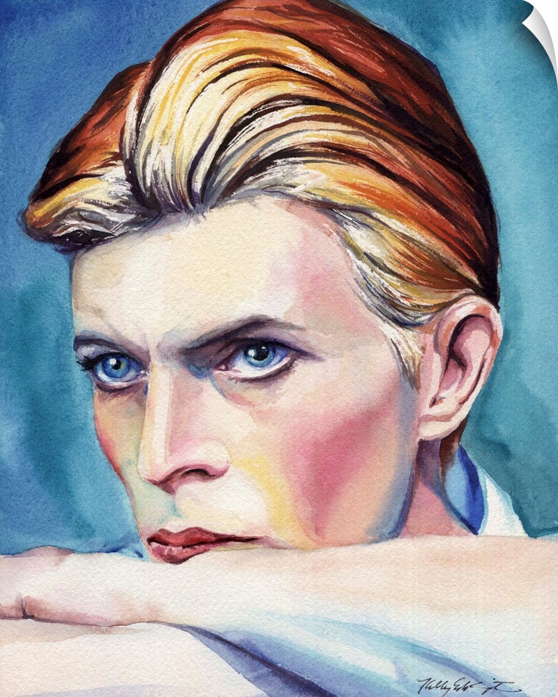 A watercolor portrait of David Bowie.