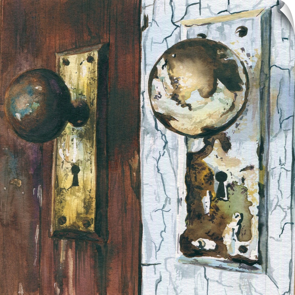 A square watercolor painting of weathered doorknobs.