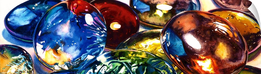 A close up painting of big glass gems in watercolor.
