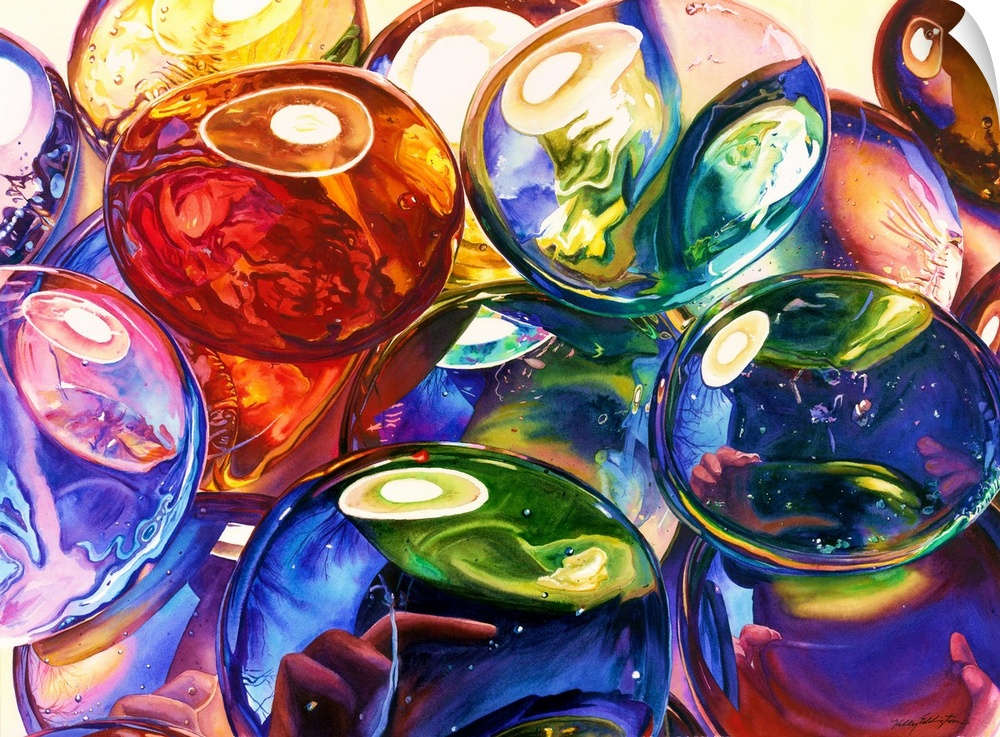 Watercolor painting of translucent glass gems in a variety of colors.