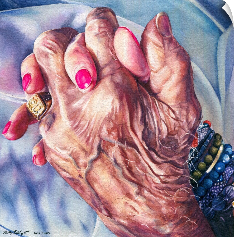 Contemporary watercolor painting of a granddaughter holding her grandfather's hand shortly before he passed away.