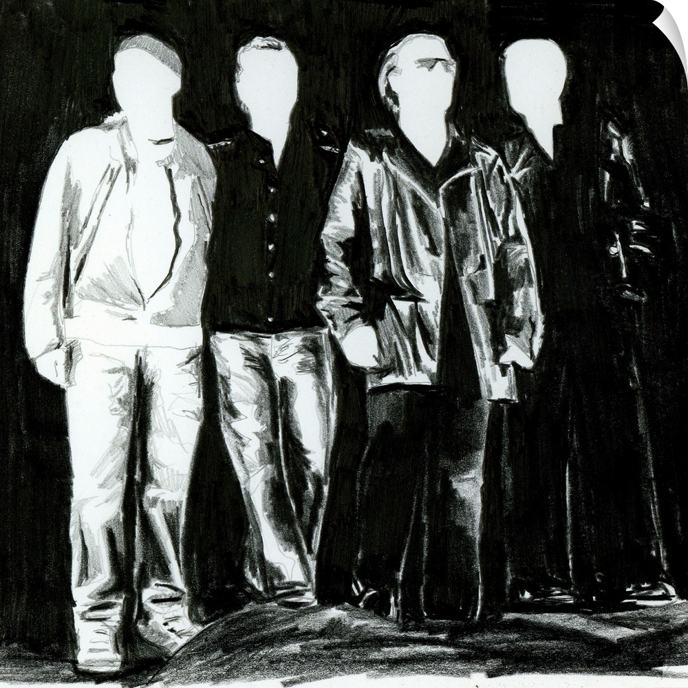 Black and white drawing of U2 in a simple design.