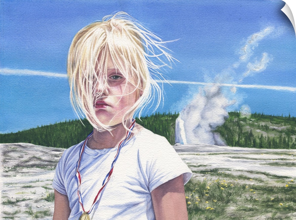 This is a portrait of a very blond little girl named Madeline. She is completely unimpressed with Yellowstone National Par...