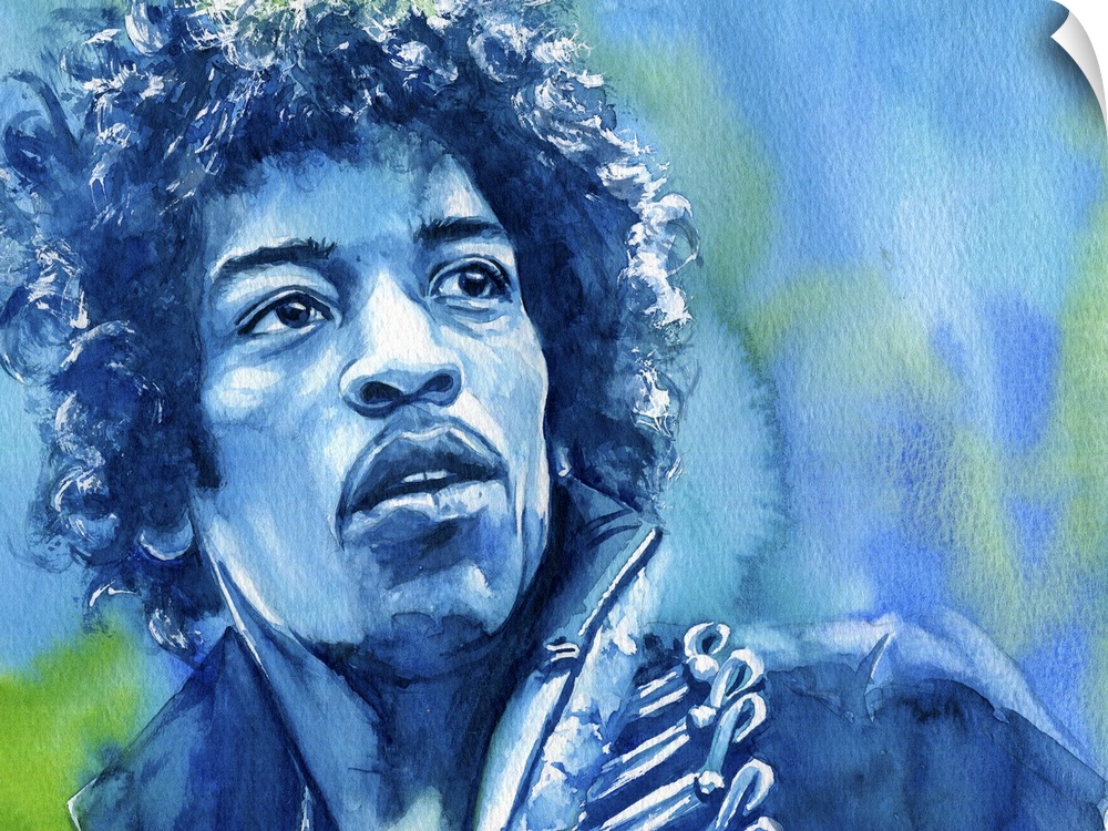 A watercolor painting of Jimi Hendrix in shades of green and blue.