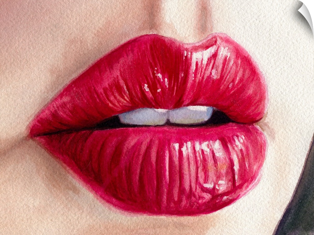 Watercolor painting of close up of a woman's mouth with red lipstick.