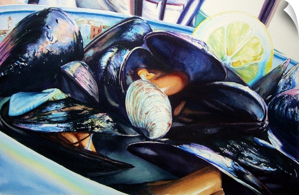 A watercolor painting of a bowl full of mussels with blue light reflected on them.