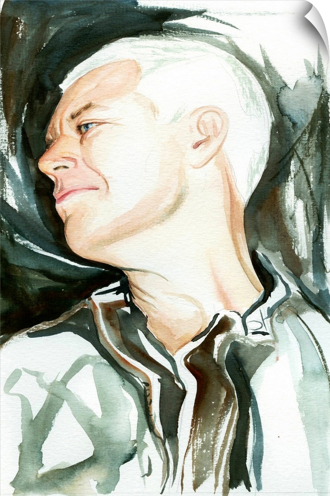 Vertigo-era Adam Clayton in a loose watercolor portrait, one of four band members.