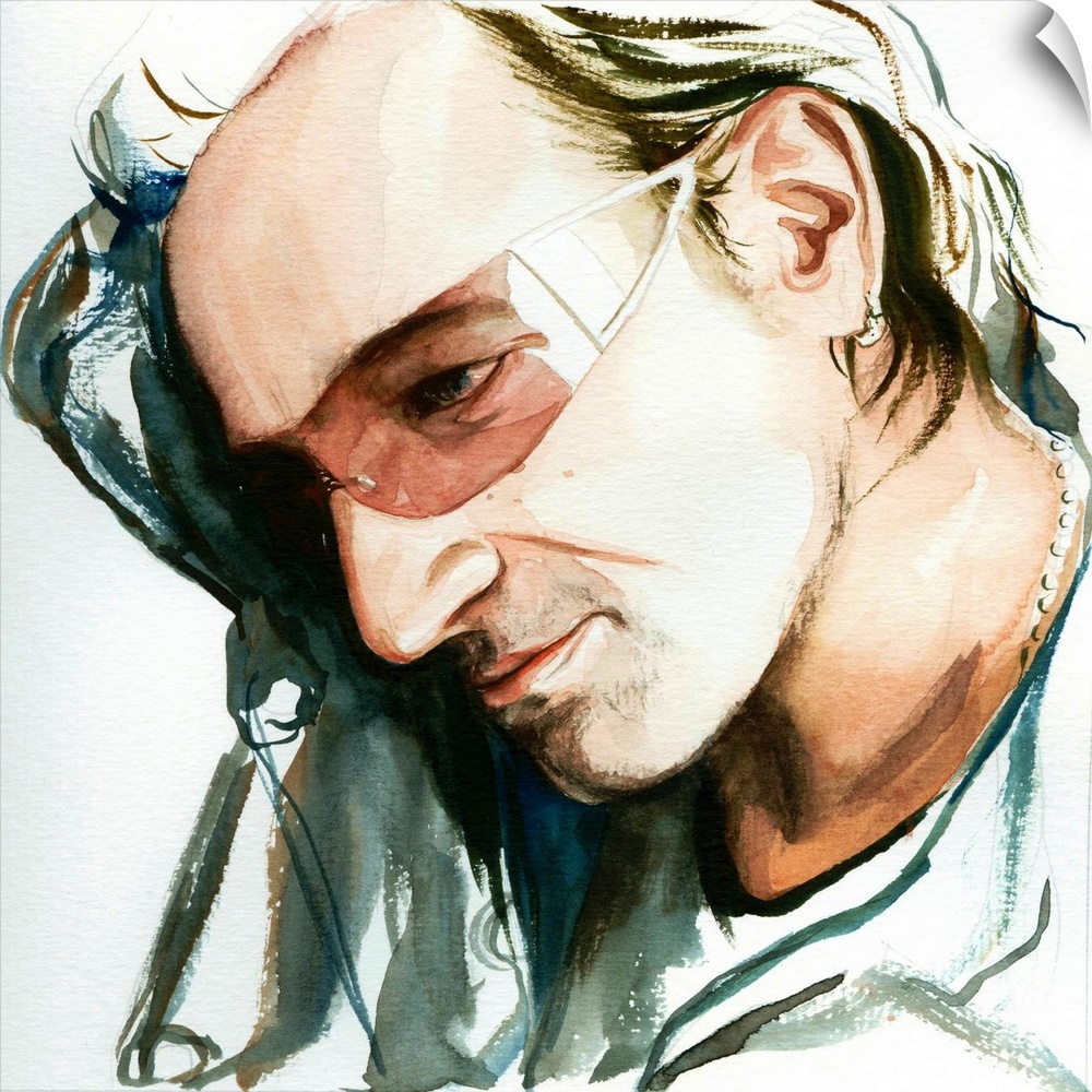 Vertigo-era Bono in a loose watercolor portrait, one of four band members.