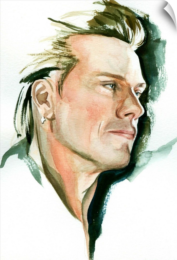 Vertigo-era Larry Mullen in a loose watercolor portrait, one of four band members.