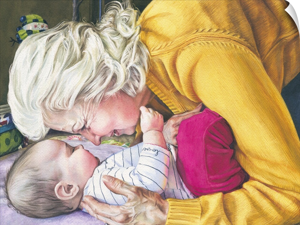 A watercolor portrait of a grandmother admiring her granddaughter in a touching moment.