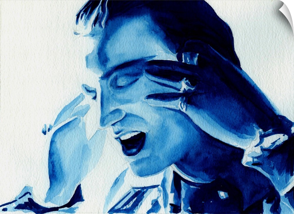 Monochromatic watercolor portrait of Bono as Mr. MacPhisto, Zooropa-era U2.
