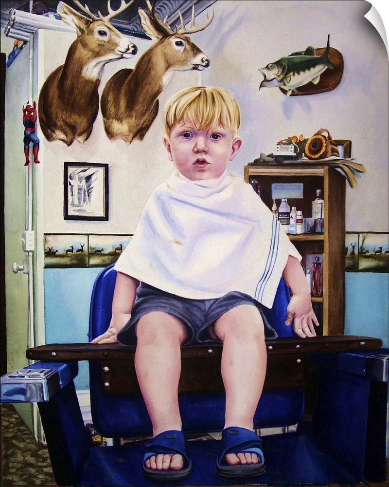 A contemporary portrait of a young boy in a barber shop, getting ready to get his hair cut.