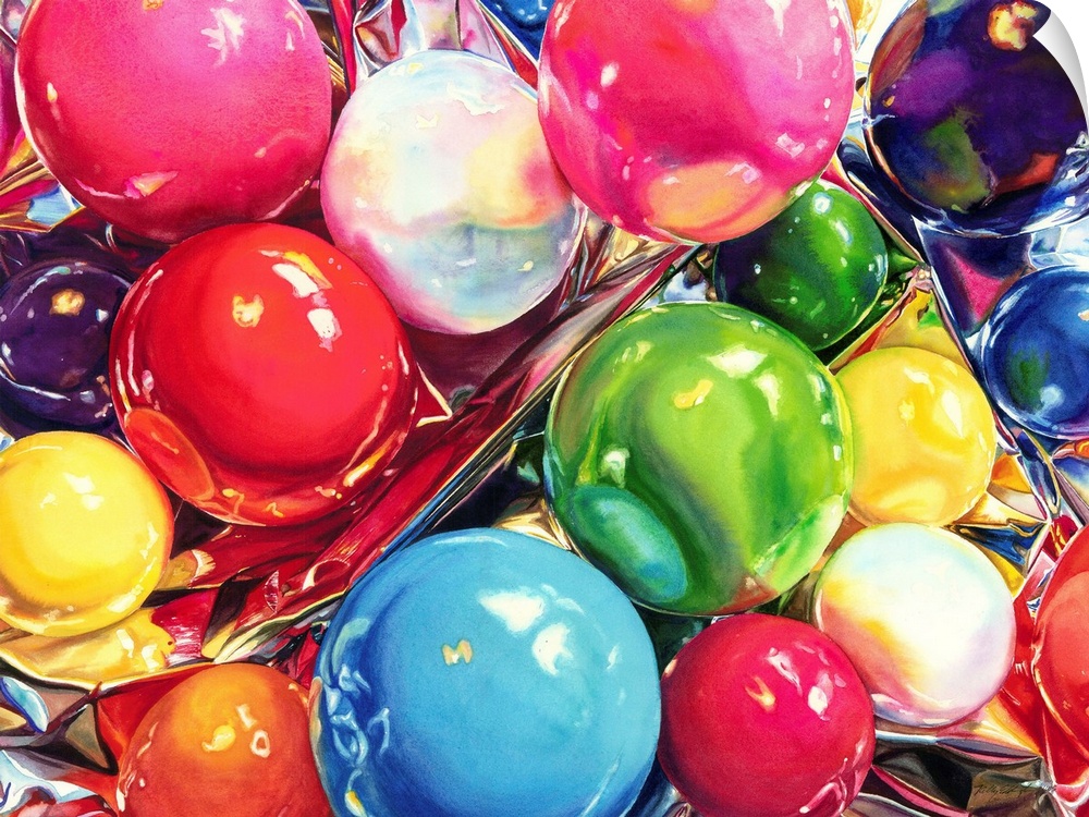 Watercolor painting of colored gum balls on a crumpled sheet of foil.
