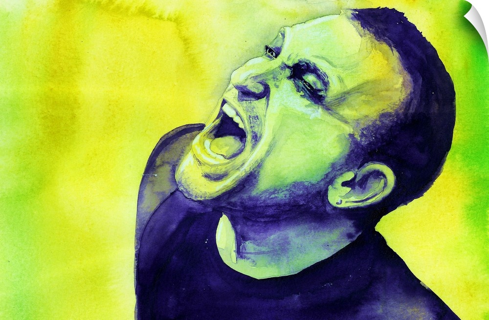 NLOTH-era Bono painted in purple on a green and yellow background: is he screaming because he lost his sunglasses? Or is i...