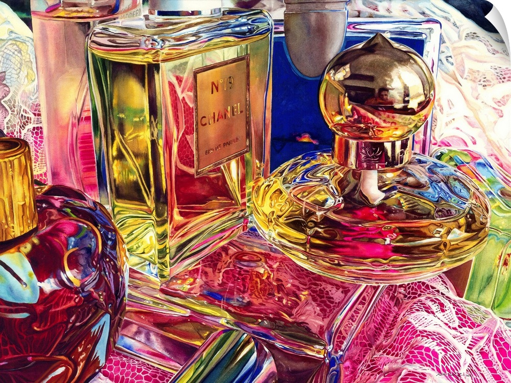 A watercolor painting of perfume bottles stacked on top of a prom dress on a table.