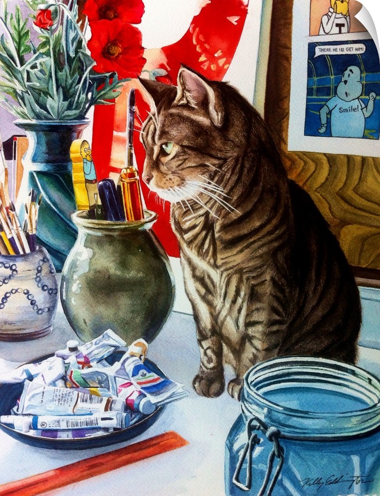 A vertical watercolor painting of a cat sitting on a table in an artist studio.