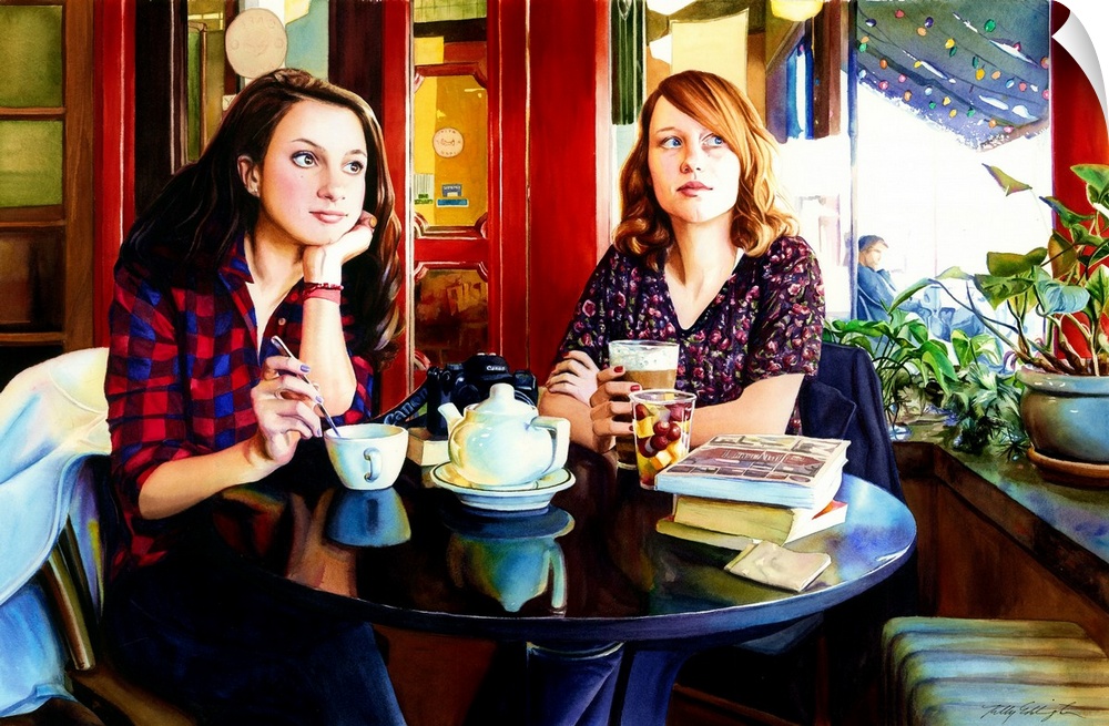 A watercolor portrait of two teenagers sitting at a table in a restaurant.