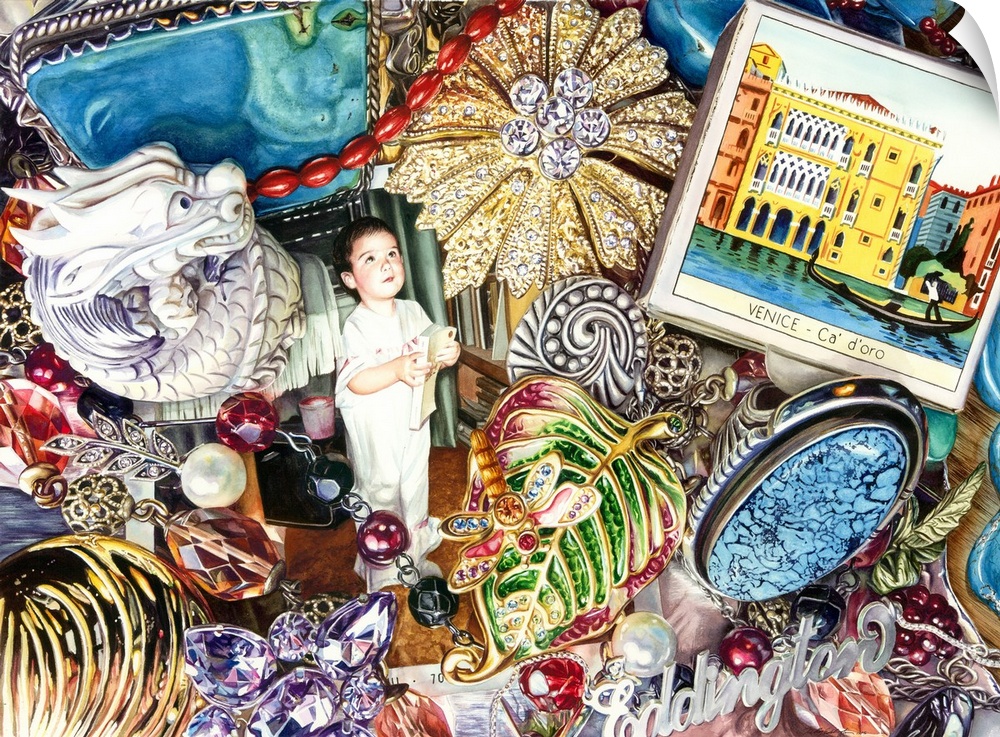 A watercolor close-up of a small selection of jewelry and photos.