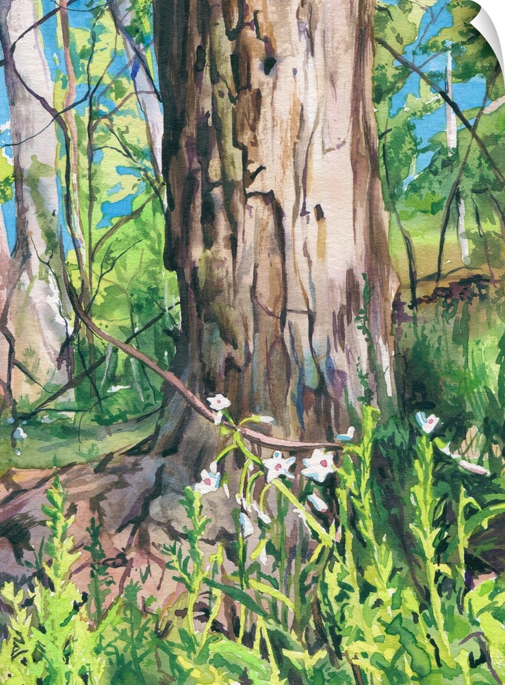 Vertical watercolor painting of a tree thunk surrounded by a blooming forest.