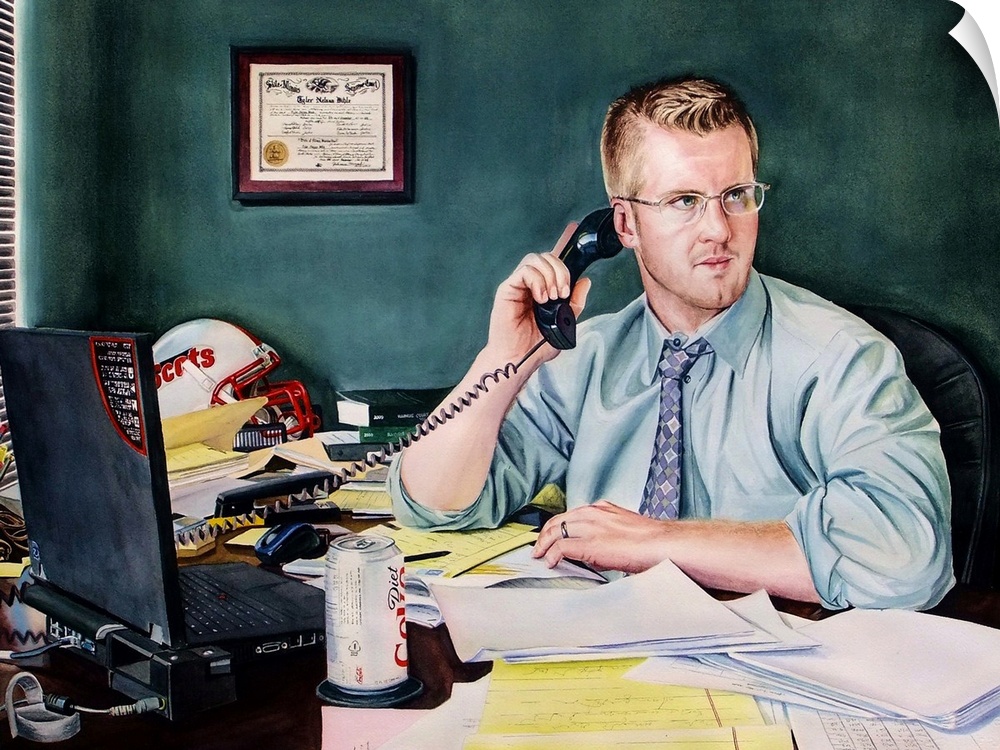 A contemporary portrait of a man sitting at his desk during his first year as a lawyer.