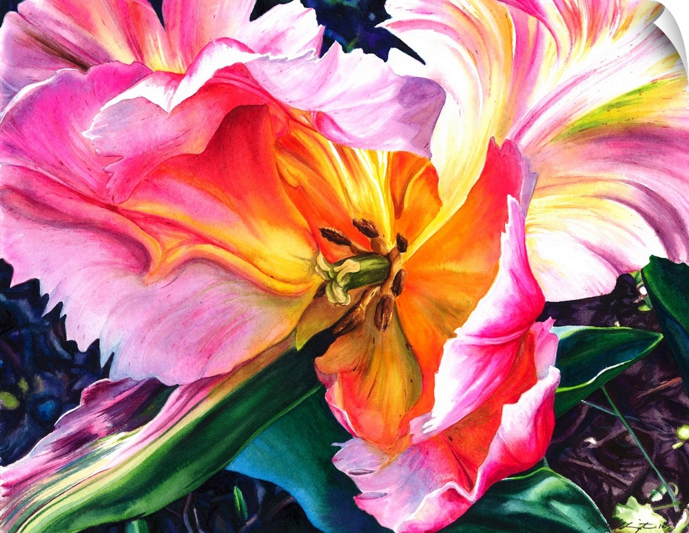 Parrot tulips painted in vibrant watercolor paints.