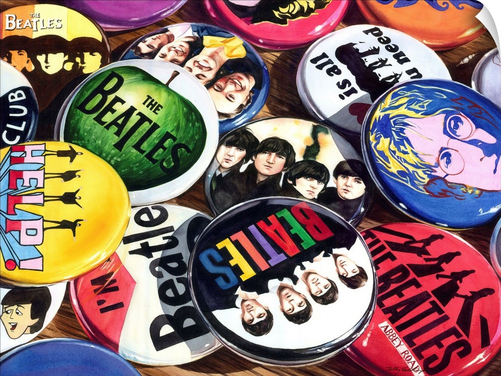 Watercolor painting of a collection of Beatles pins/buttons/badges on a wooden table.