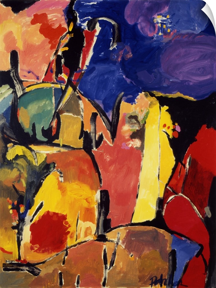 An abstract painting of various rounded shapes outlined in black in warm, yellow, red and purple tones.