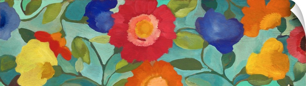 Horizontal painting of bright, warm-colored flowers against a pale blue background; in a soft style.