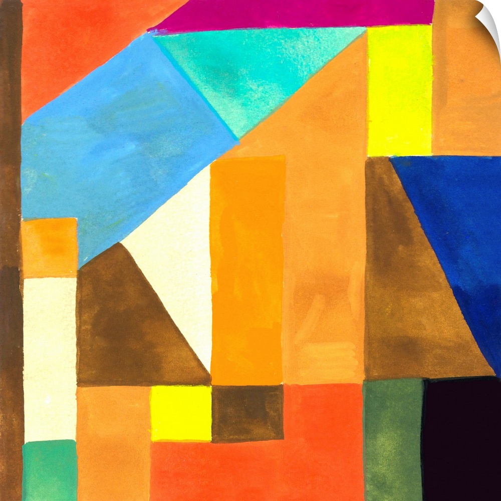 Abstract painting of a variety of angular shapes in bright colors constructed together.