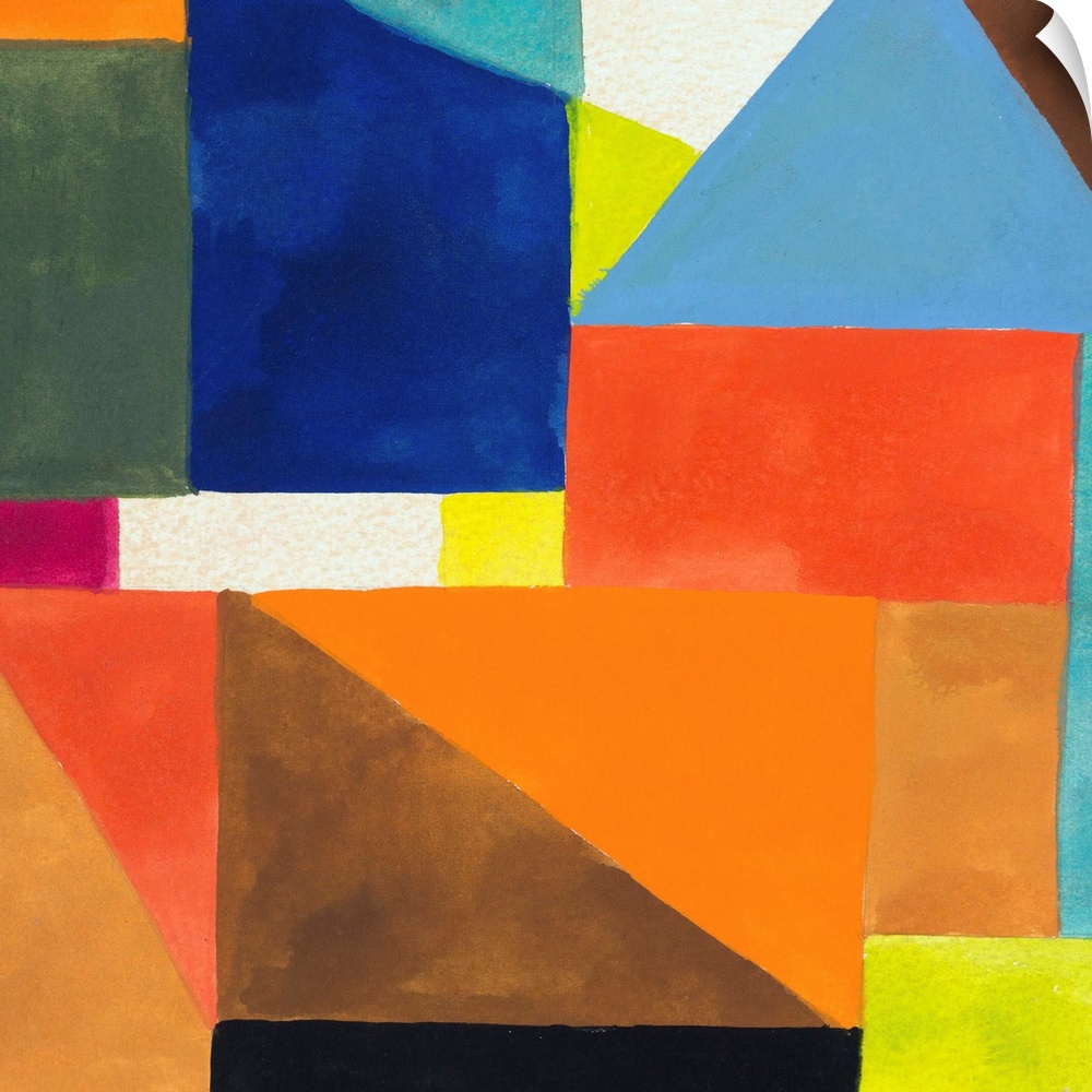 Abstract painting in bright colors (predominantly orange and blue) with angular, geometric shapes