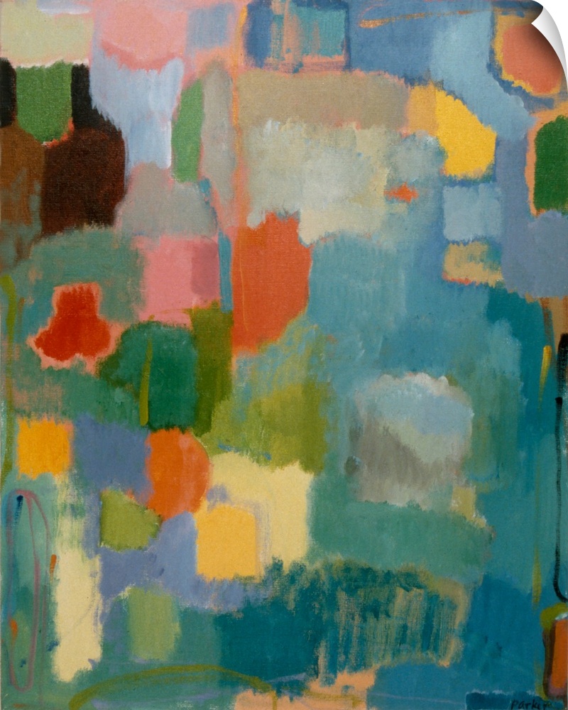 Abstract painting of soft, rounded rectangular shapes in muted, spring-like colors
