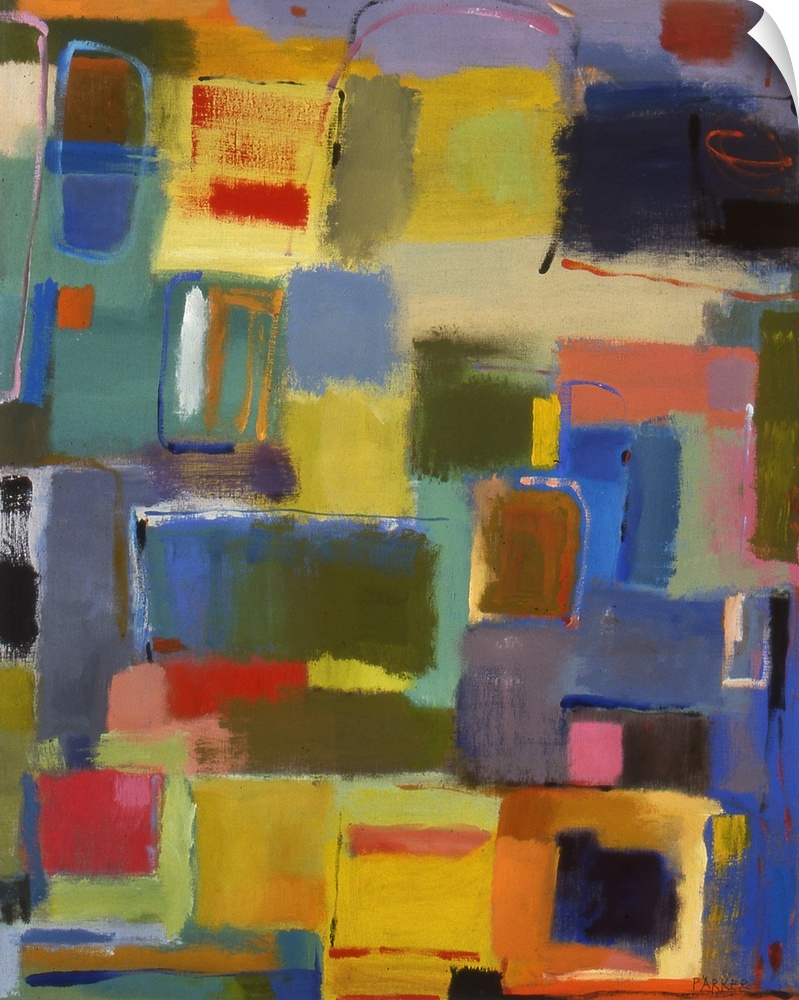 Abstract painting of soft, rounded rectangular shapes in primary colors.