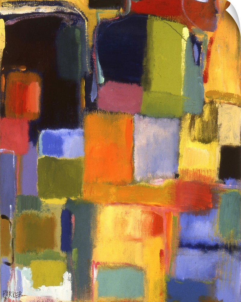 Abstract painting of soft, rounded rectangular shapes in primary colors.
