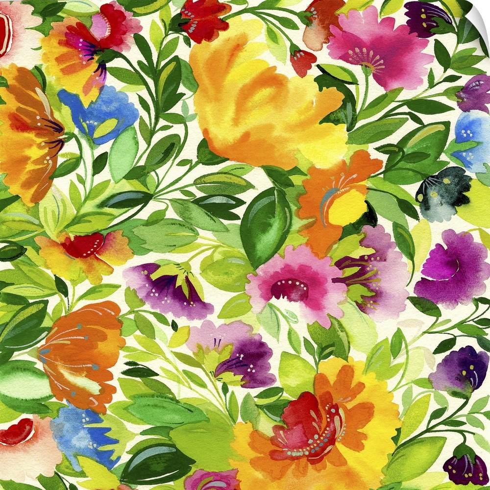 A series of flowers in warm colors and leaves in a soft style against a light background.