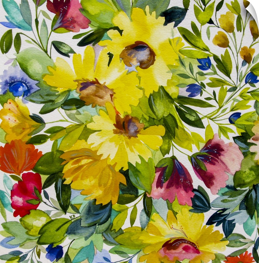 Various colored flowers in a soft, flowing pattern.