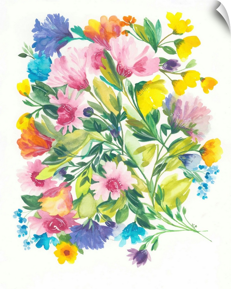 A series of flowers in cool colors and leaves in a soft style against a light background.