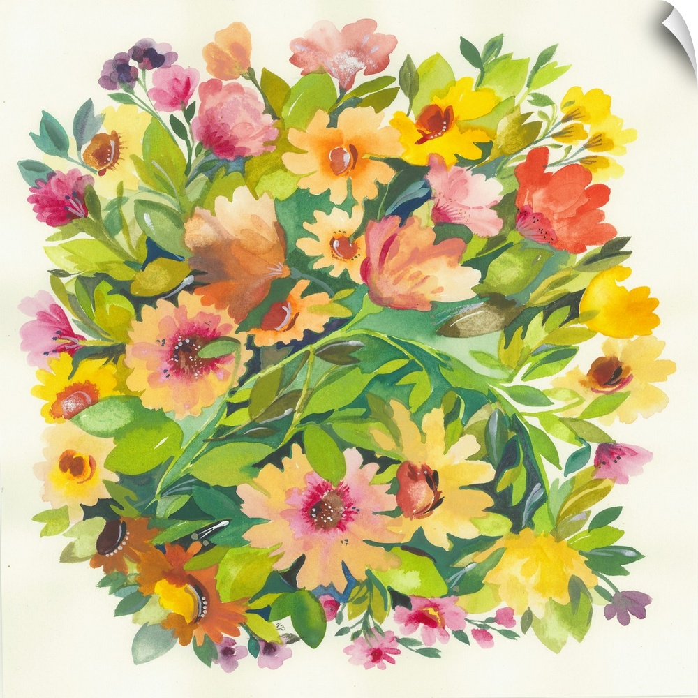 A series of flowers and leaves in warm colors and a soft style against a white background.