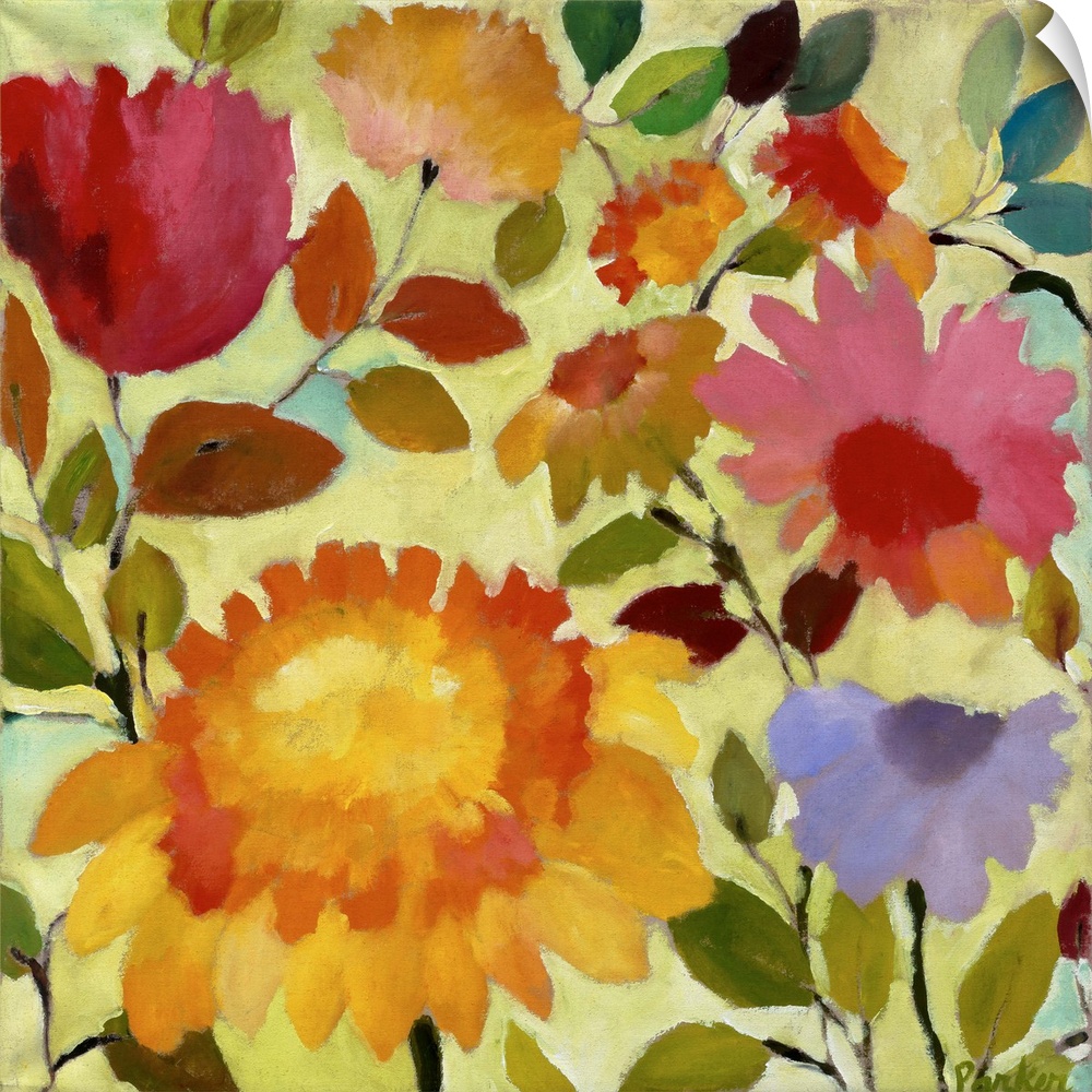 A series of flowers and leaves in warm colors and a soft style against a pale yellow background.