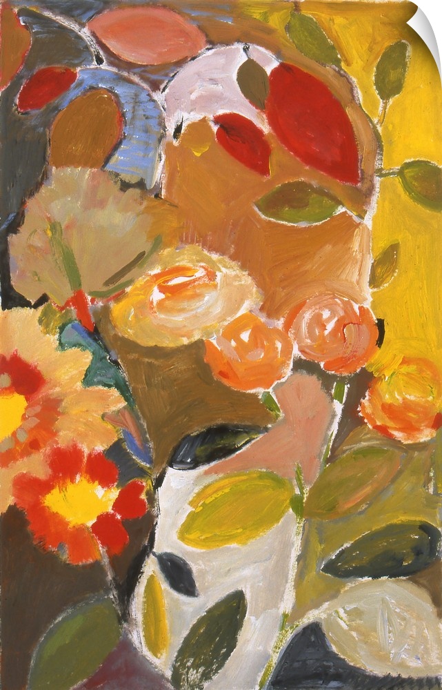 Painting of large, softly-styled flowers in warm colors and green leaves against a brown background.