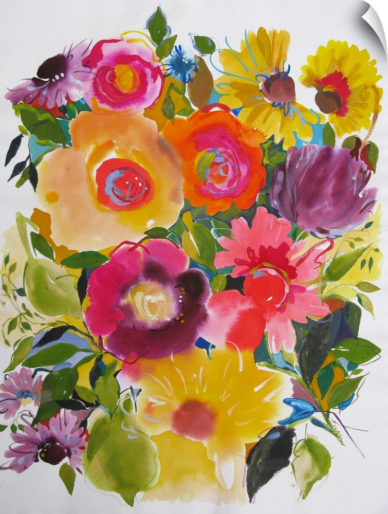 A series of purple zinnias and yellow flowers in a softly painted style against a light background.