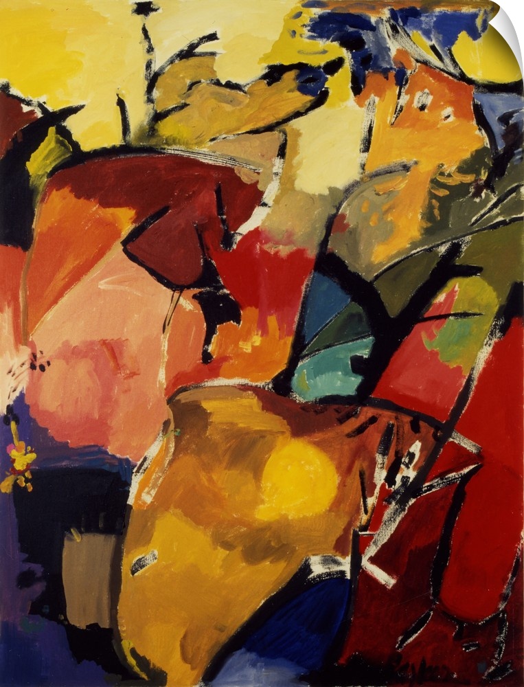 An abstract painting of various rounded shapes outlined in white in warm yellow, red and blue tones.