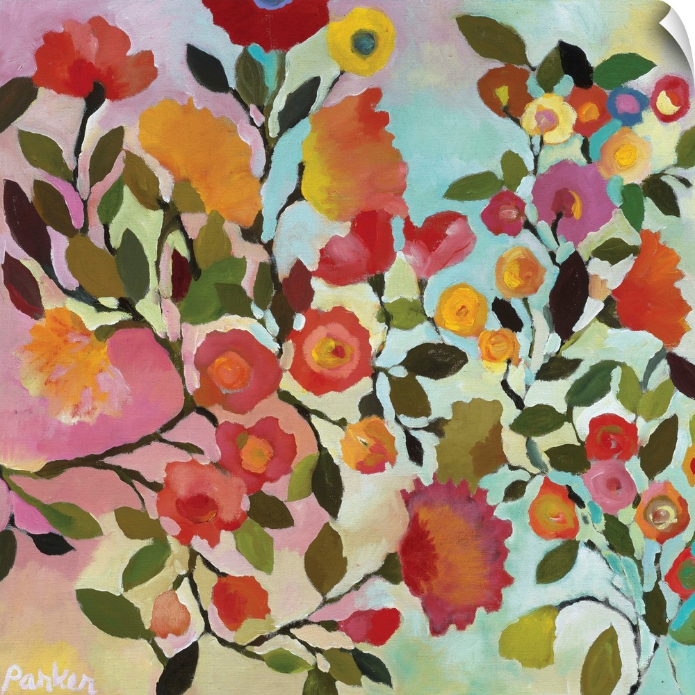 A series of flowers and leaves in warm colors and a soft style against a pale blue background.