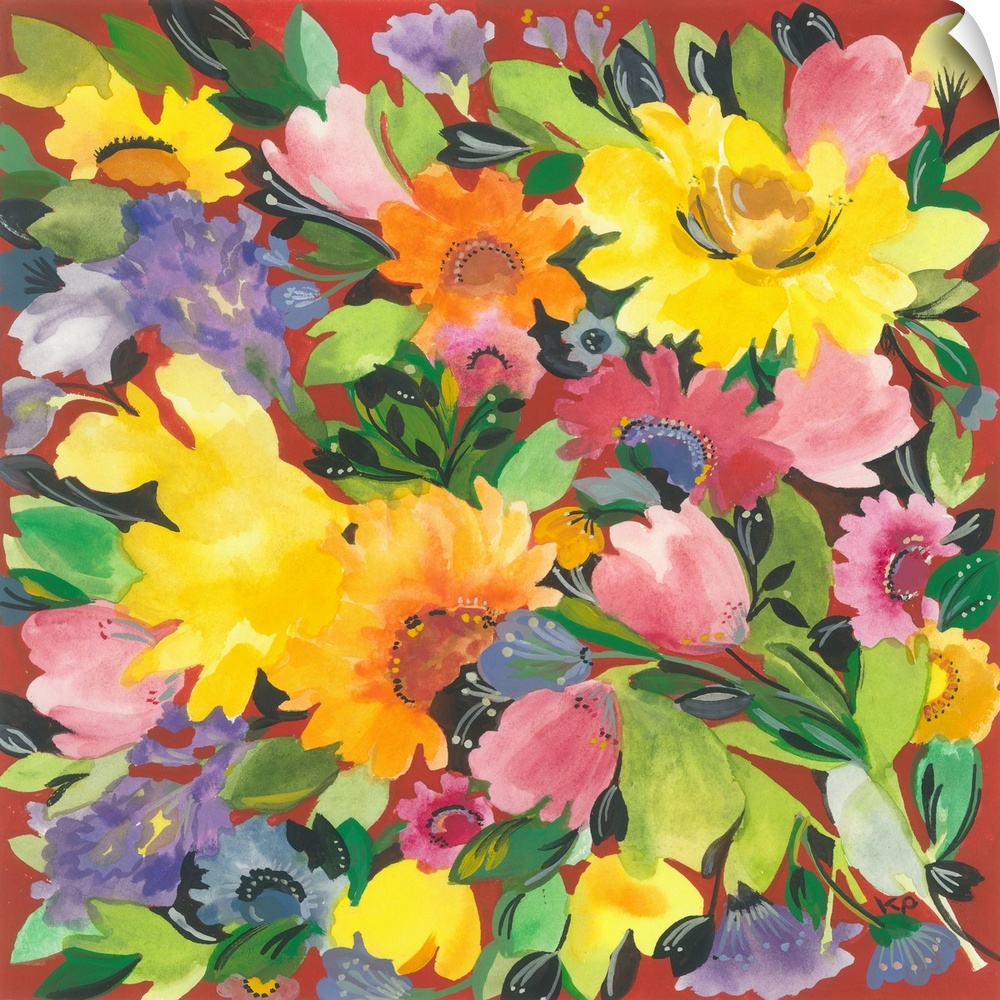 Painting of warm-colored flowers and green leaves against a red background.