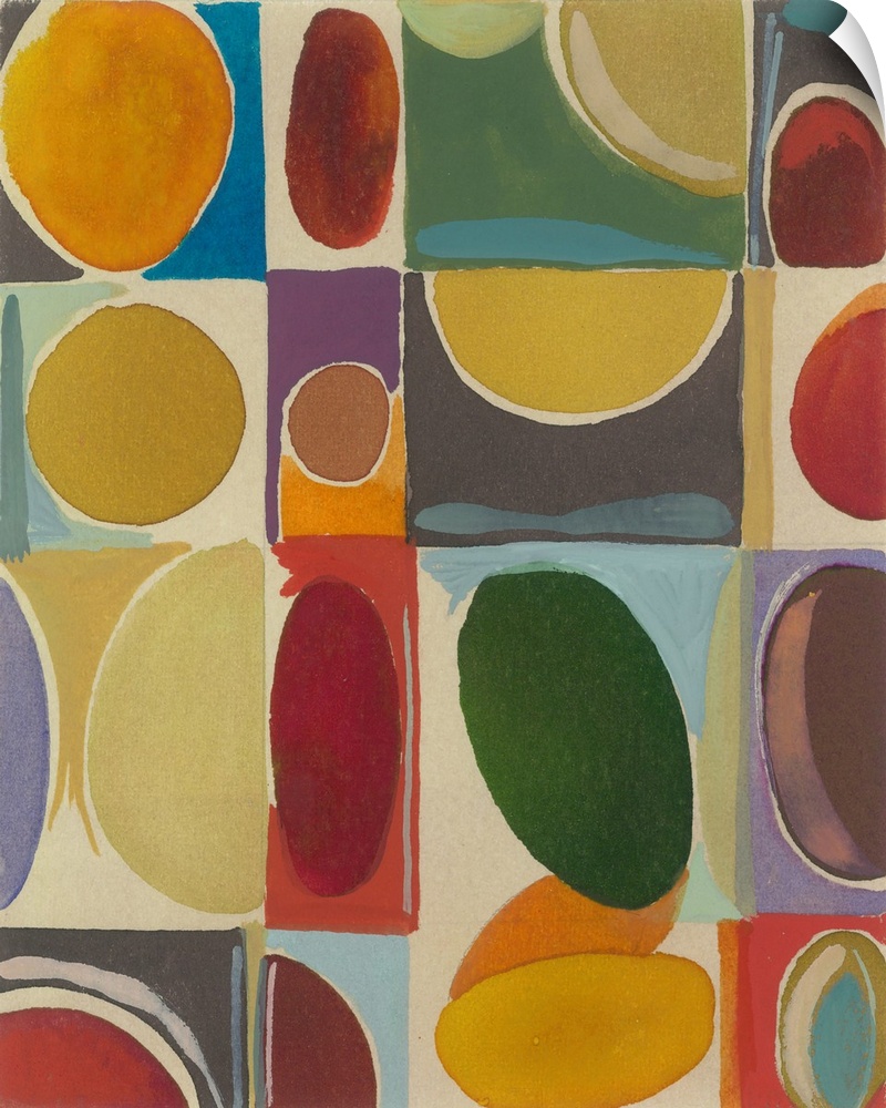 Painting of oval shapes in various hues and sizes over blocks of color.