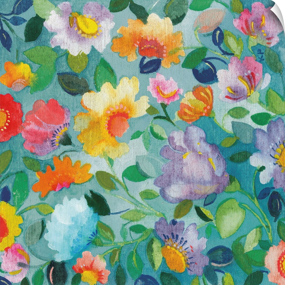 A series of flowers and leaves in warm colors and a soft style against a blue background.