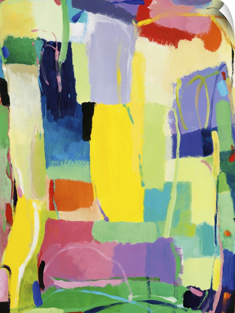 Abstract painting of soft, rounded rectangular shapes in bright, spring-like colors