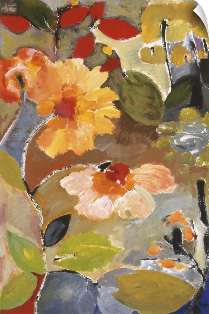 Painting of large, softly-styled flowers in warm colors and green leaves against a brown background.
