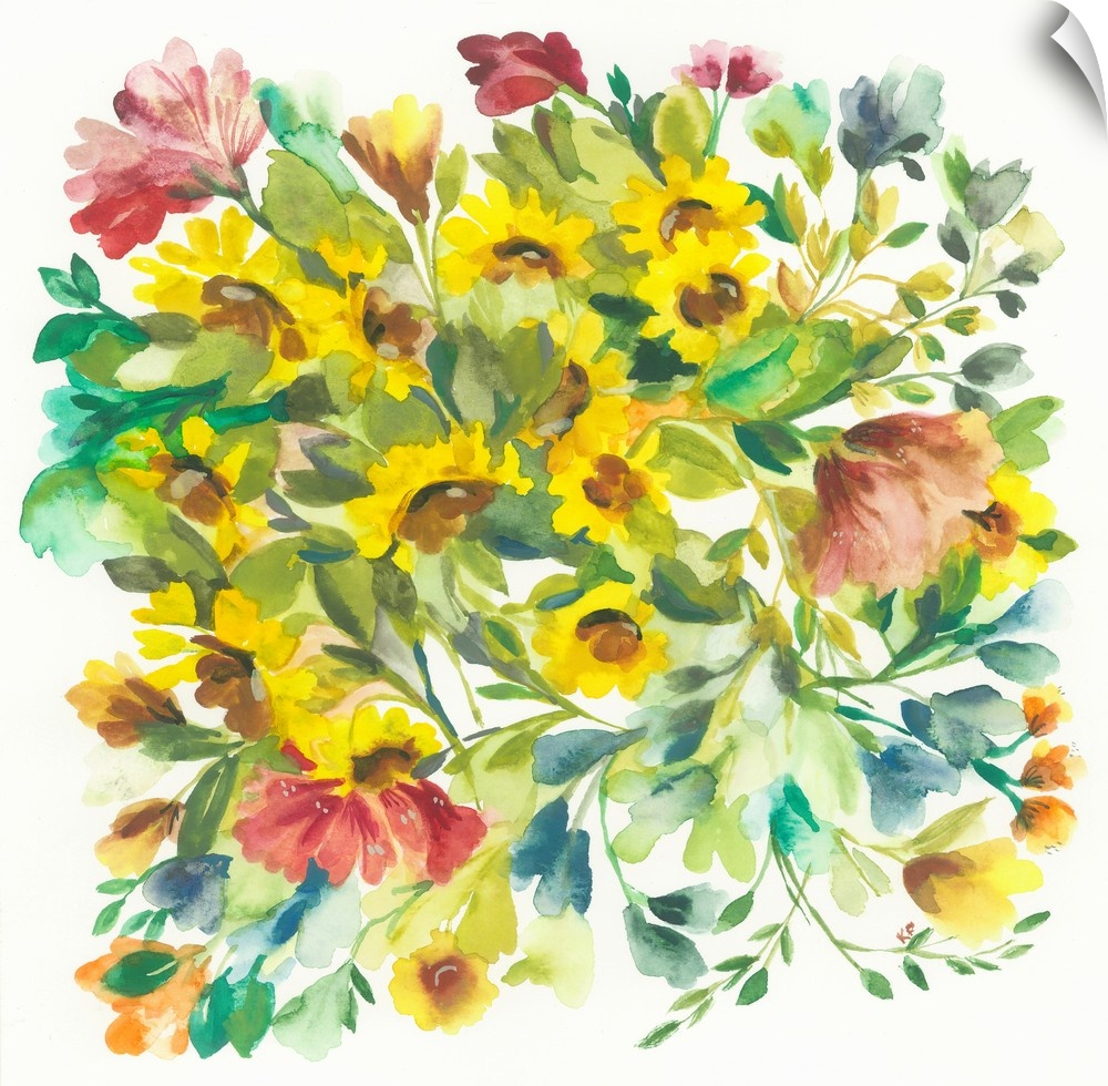 A series of flowers and leaves in warm colors and a soft style against a white background.