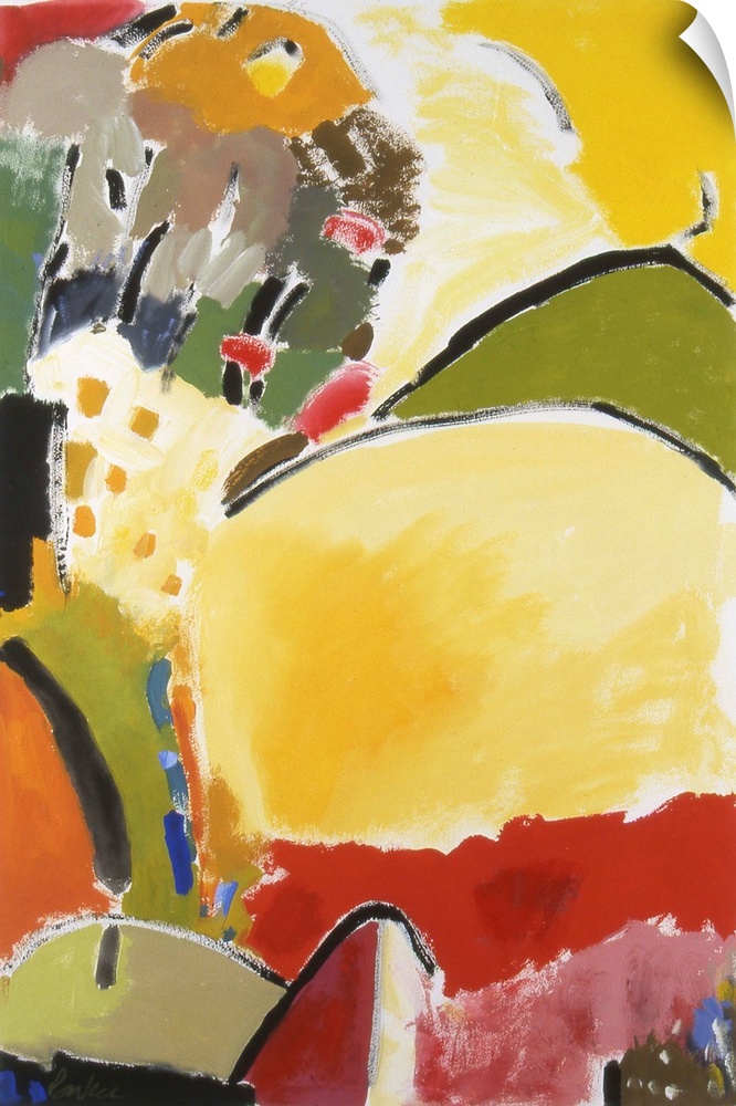 An abstract painting of various brush strokes in warm, yellow red and green tones.