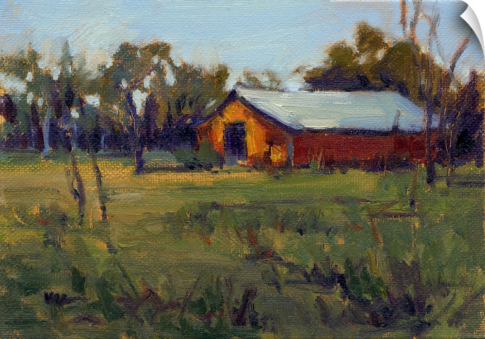 A horizontal contemporary painting of a barn near trees with a field in the foreground.